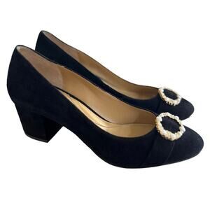 Talbots Black Suede Leather Chunky Rhinestone Pearl Buckle Heel